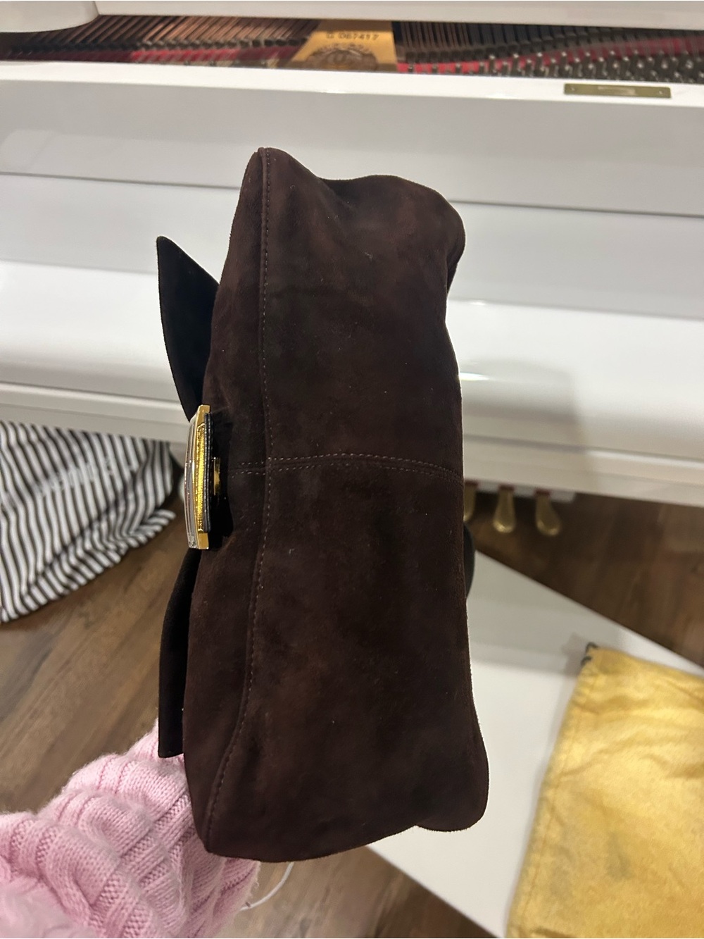Fendi Dark Brown Suede Shoulder Bag with Gold-Tone Buckle - Picture 6 of 8